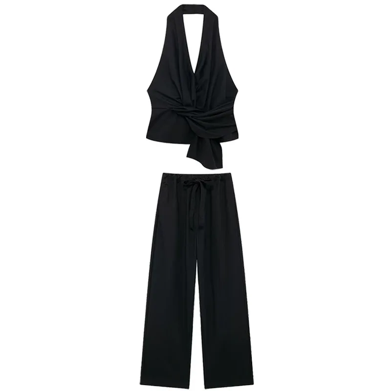 thumbnail image 1 of HH TRAF 2024 Conjuntos femeninos con escote en V, sin mangas, espalda descubierta, cremallera, blusa + cintura elástica, pantalones anchos con cordones, traje de verano para mujer a la moda, 1 of 5