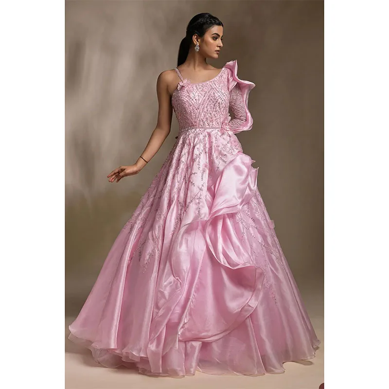 

Graceful One Shoulder Ruffles Prom Dresses Sequined Evening Dress Custom Made Pleats A Line Women Formal Celebrity Party Gown