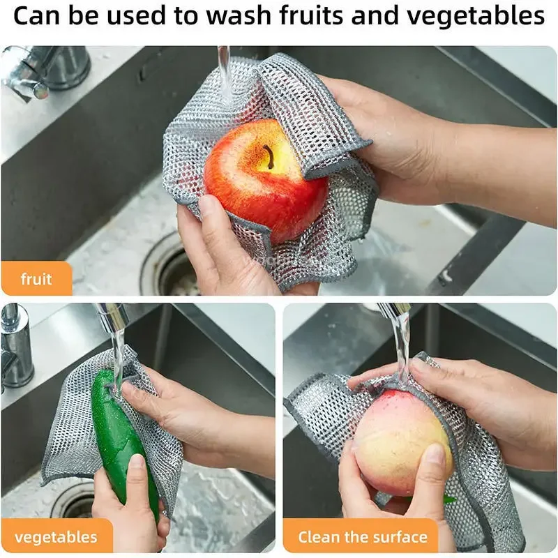 Cleaning Cloth Dish Cleaning Cloth Microfiber Dish Cloth Dish Cloth Towel Cleaning Cloth Double Sided Iron Scrubber Stick Scraper Magic Cleaning Cloth Dish Washing Towel Metallic Silver Steel Wire Rags Wipes 1-20pcs