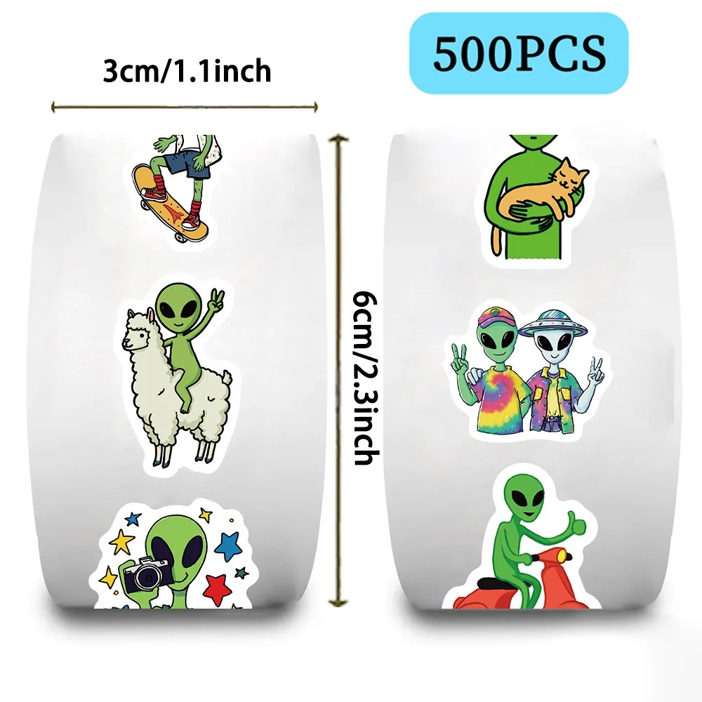 500pcs/Roll 재미 있은 외계인 롤 씰링 스티커 DIY 장난감 노트북 노트북 수하물 일기 멋진 기타 오토바이 방수 스티커