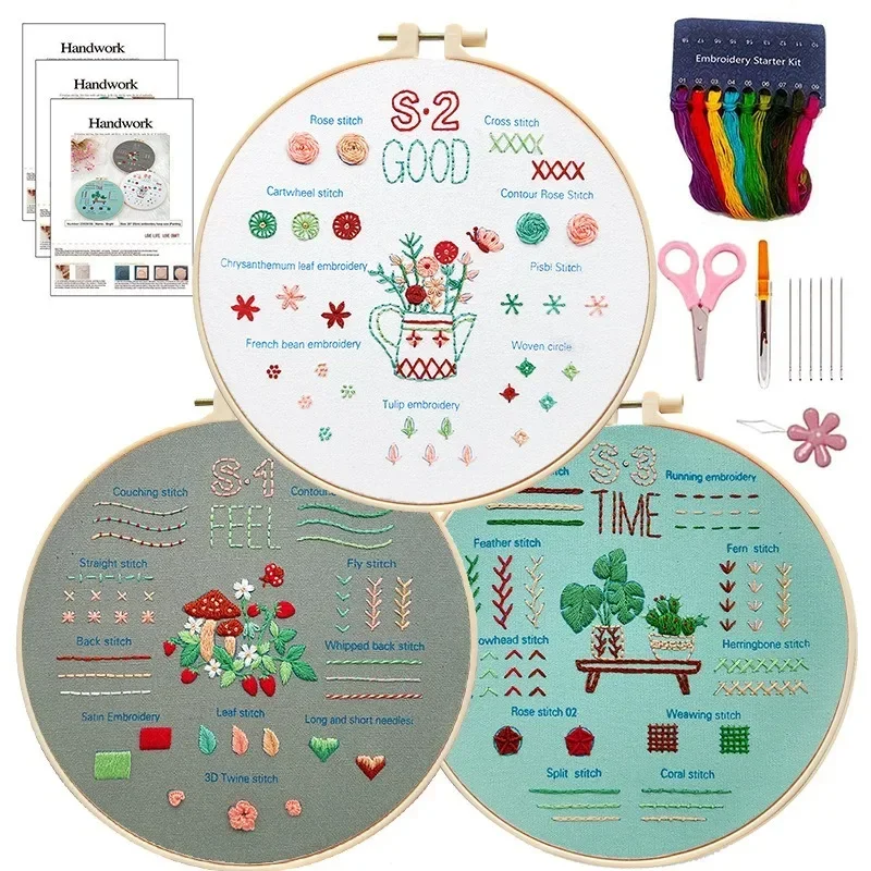 Embroidery Starter Kit for Beginners Adults 3 Sets Easy Stamped with Hoop Stitch Practice Set Gift for Hand Craft Lover