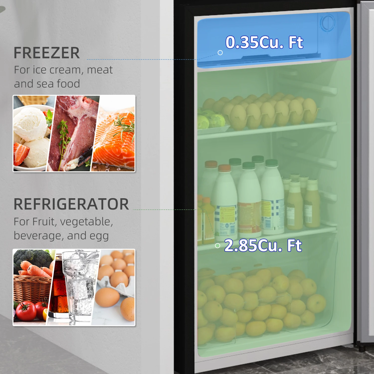 HOMCOM 3.2 Cu.Ft Mini Fridge with Freezer, Single Door Compact Refrigerator with Adjustable Thermostat, Shelf and Reversible Doo 6