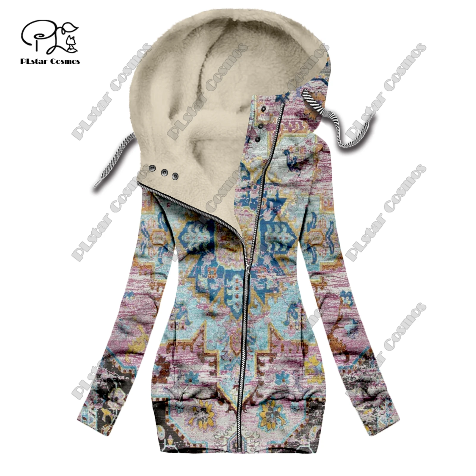 New 3D printing retro series carpet print pattern plus velvet warm women's long zipper hoodie jacket commuting casual winter F-4 bf03 pattern printing zipper wallet leather cover for iphone 12 pro max 6 7 inch colorful petals