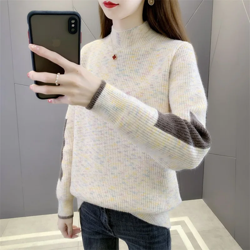 

Spring New Fashion Knitted Sweater Women Pullover Jumpers Ladies 5 Color Patchwork Long Sleeve Half High Collar Knit Tops Female