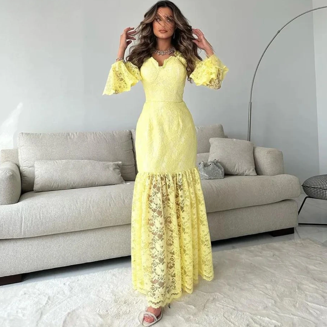 

Fashionvane Lace Yellow Prom Dresses Long Sleeves Zipper Back Bridesmaid Dress for Wedding Party Saudi Arabia Women Wear Gowns