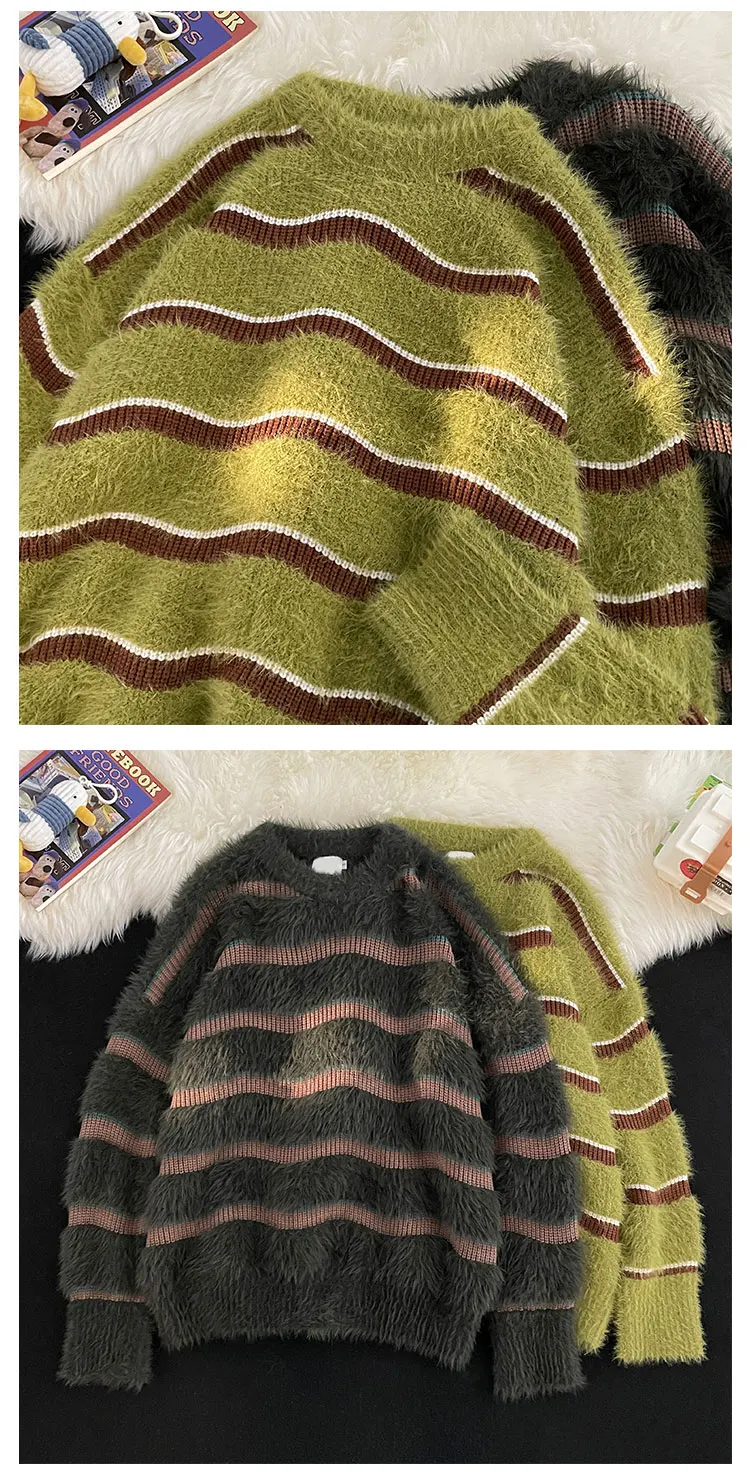 Description Picture 4 of item2024 Autumn Winter Men Fashion Warm Sweater Loose Tops Male Long Sleeve Striped Jumpers Mens Round Neck Knit Oversized Top S275