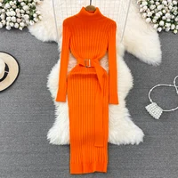 YuooMuoo Ins Hot Turtleneck Sexy Wrap Hips Knitted Dresses Women 2025 Autumn Winter Long Sleeve Bodycon Sweater Dress with Belt - Image 2