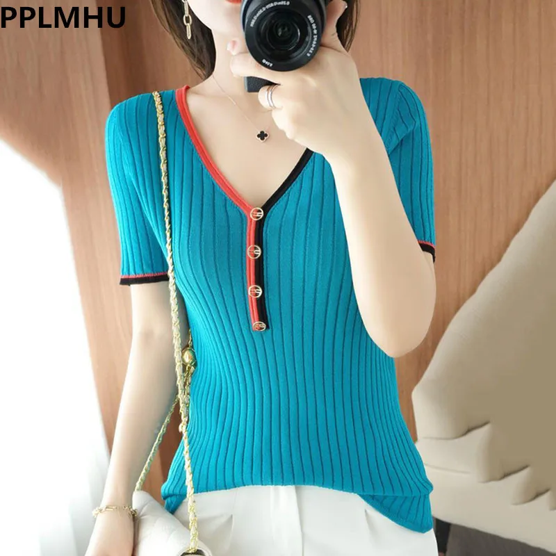 

Knit V-Neck Women T-Shirts Top Summer Slim Causal Elegant Knitwear Tshirt Korean Fashion Oversizefor 70kg Short Sleeve Tee New