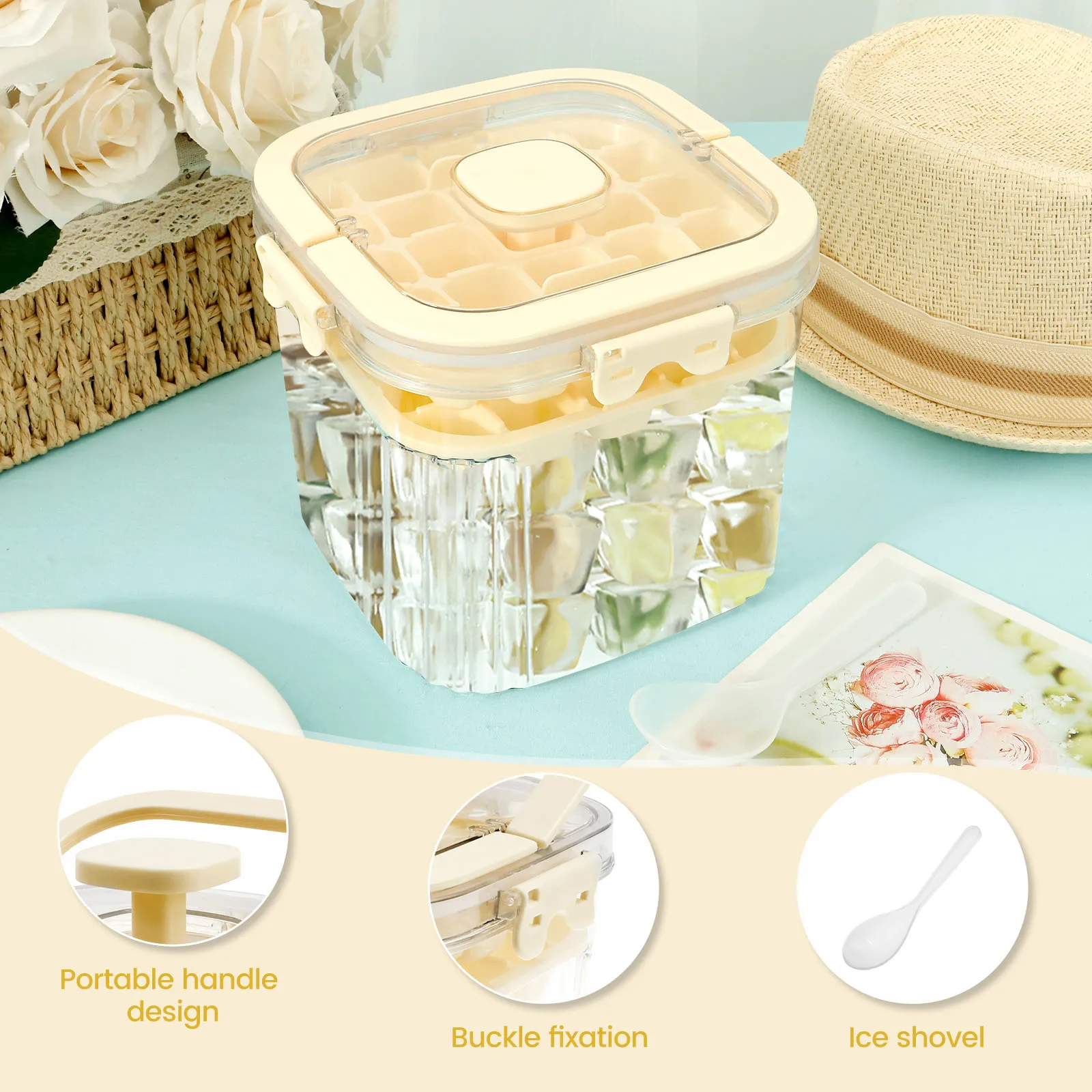 5L Plastic Ice Cube Storage Bucket with 48 Grids Mold Tray Large Capacity Ice Cube Container Outdoor Camping Portable Bucket