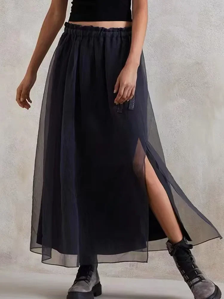 

Women's Midi Skirts 2023 New Beading Elastic Waist Double Layer Mesh Hem Split Fashion Casual A-Line Long Jupe