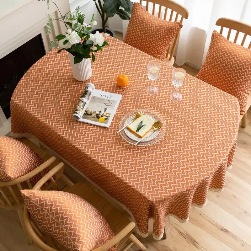 

Linen Table Cover with Lace, Wave Pattern, Rustic Farmhouse Ellipse Table Cloth, Dining Home Textile, Oval, 200cm
