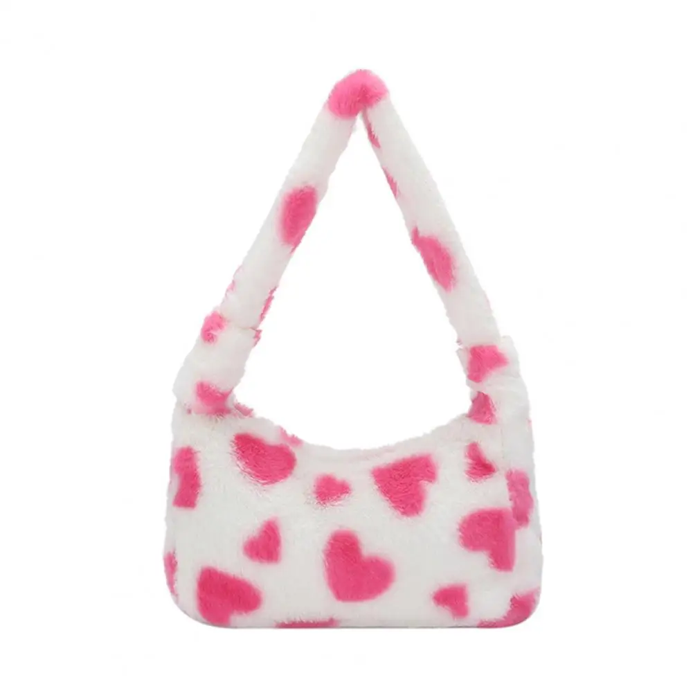 

Women Handbag Fluffy Faux Fur Plush Top Handle Gift Fuzzy Love Heart Print Single Shoulder Bag