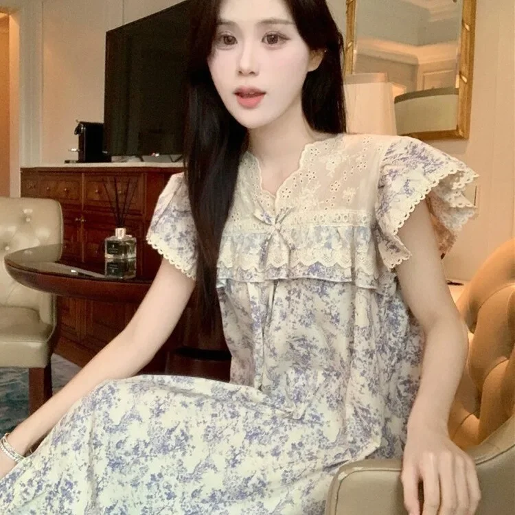 2024 الصيف المرأة ثوب النوم الدانتيل قصيرة الأكمام...