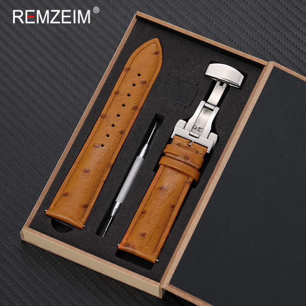 Unisex Genuine Leather Watch Strap with Stainless Steel Butterfly Buckle and Gift Box