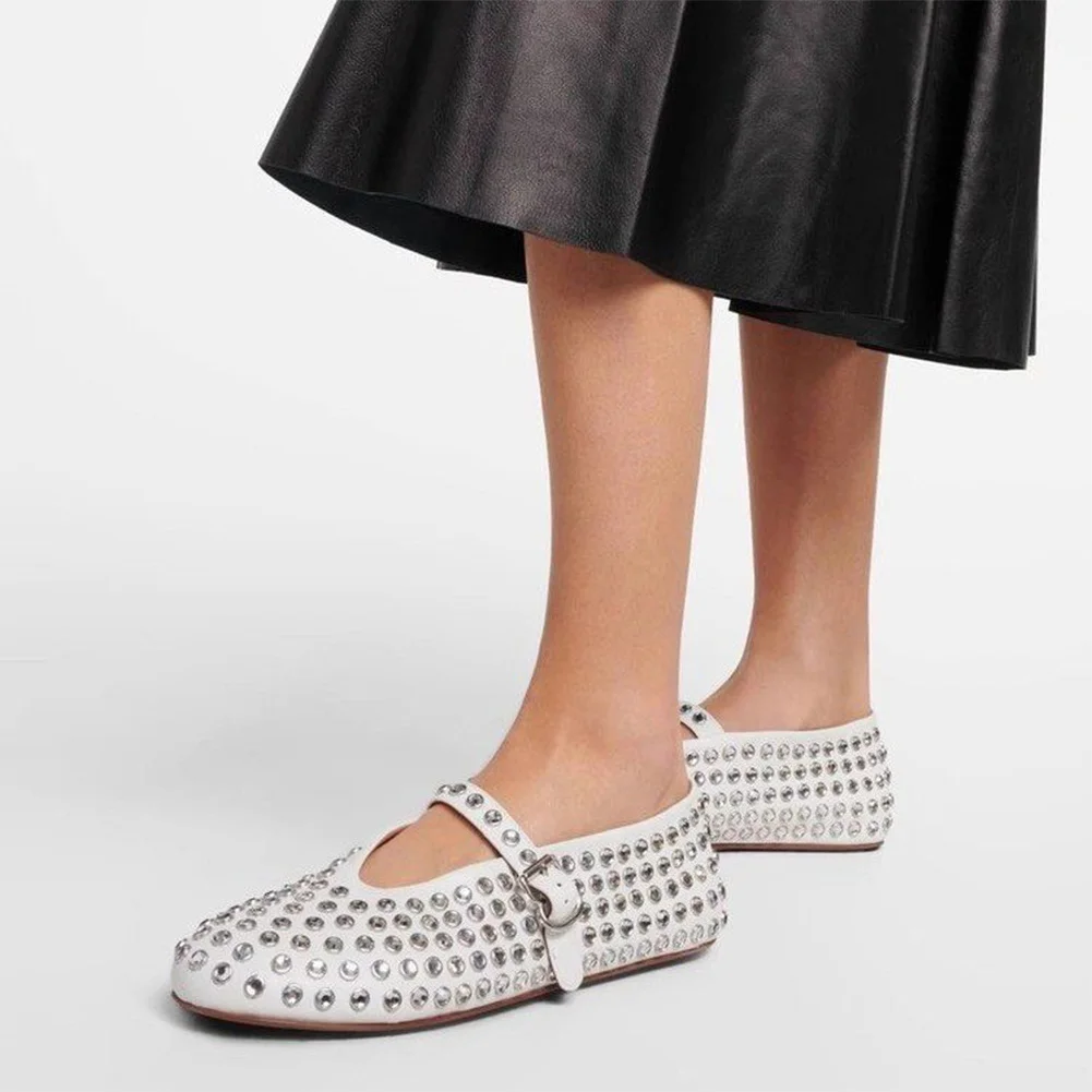 Women Crystal Studded Flats with Buckle Strap Rhinestone Ballet Flats Crystal Ballerina Shoes Comfortable Female Casual Shoes 2