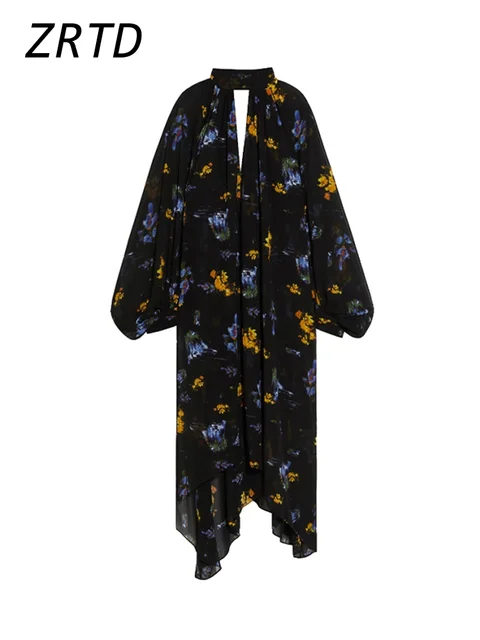 Elegant Printed Boho Long Dresses Women Loose Chic Turtleneck Lantern Sleeve Floral Robes 2025 Spring Summer Lady Vacation Dress 6