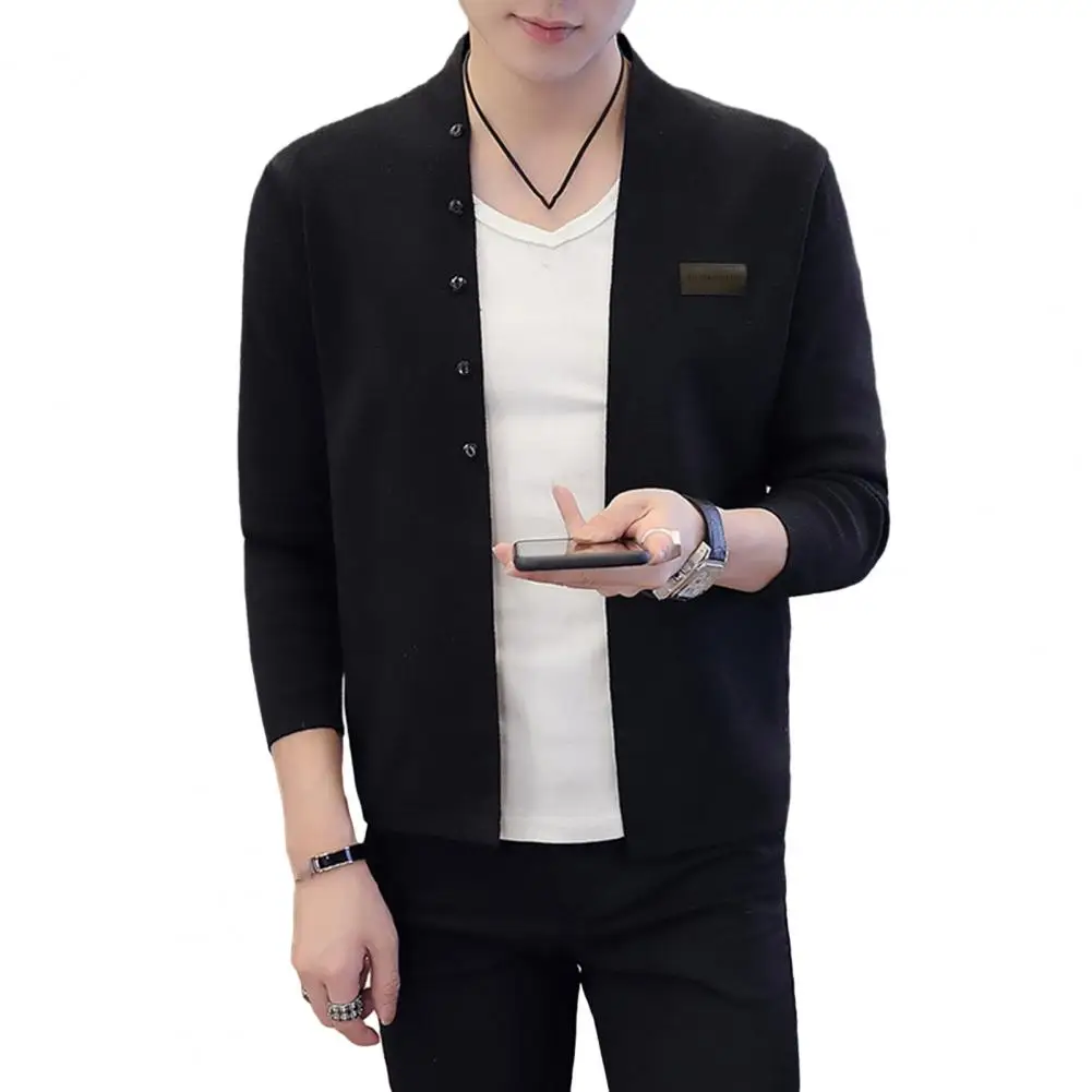 

Men Jacket Stylish Men's Knitted Cardigan Coat Slim Fit Warm Stand Collar Badge Decor for Mid Winter Fall Sweater Fashion Men