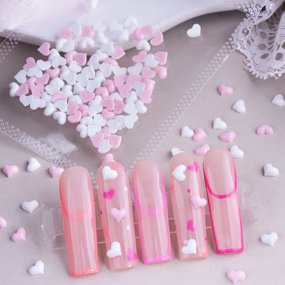 100pcs Kawaii Pink White Mini Love Heart Nail Charms 3D Heart Shape Resin Valentine's Decoration Nail Art Parts Supplies 5mm 3