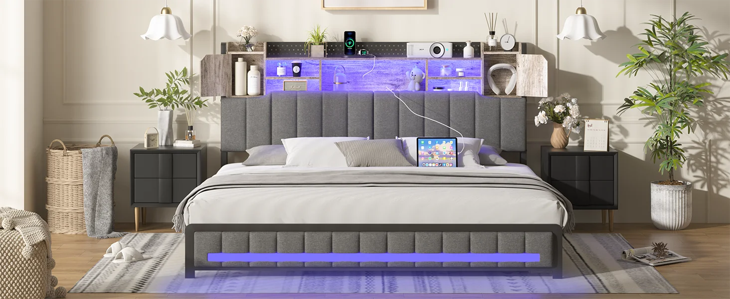 Description Picture 5 of itemKing Size Bed Frame and Bookcase Storage Headboard,LED Upholstered Bed Frame with Charging Station,Light up Platf
