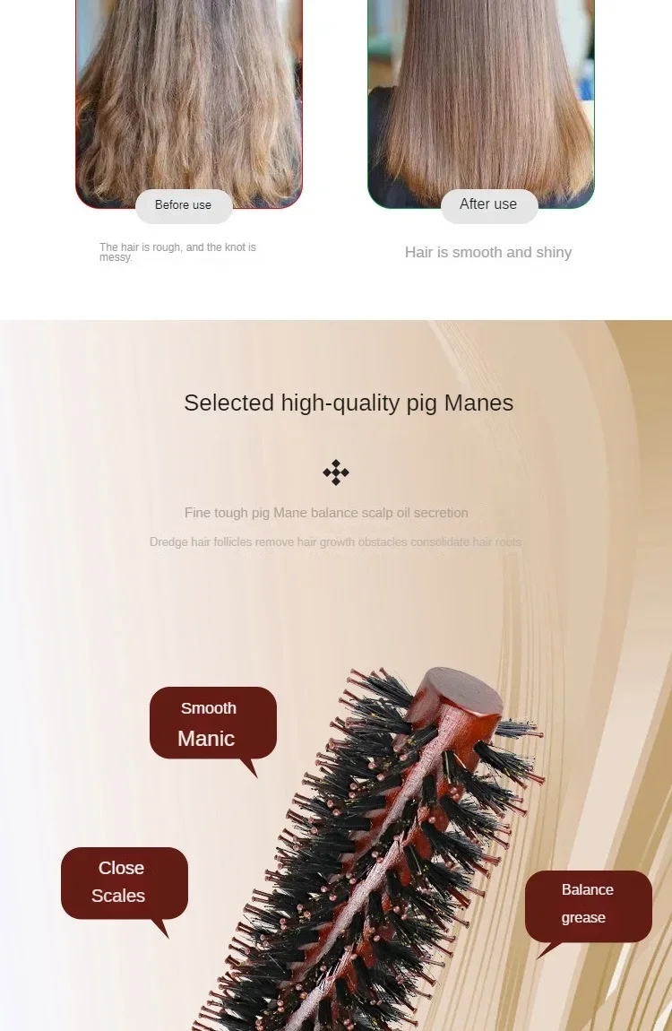 Description Picture 5 of item6 Style Natural Boar Bristle Hair Round Brush Wood Handle Round Barrel Hair Comb Hair Roller Brush Hairdressing Styling Tools