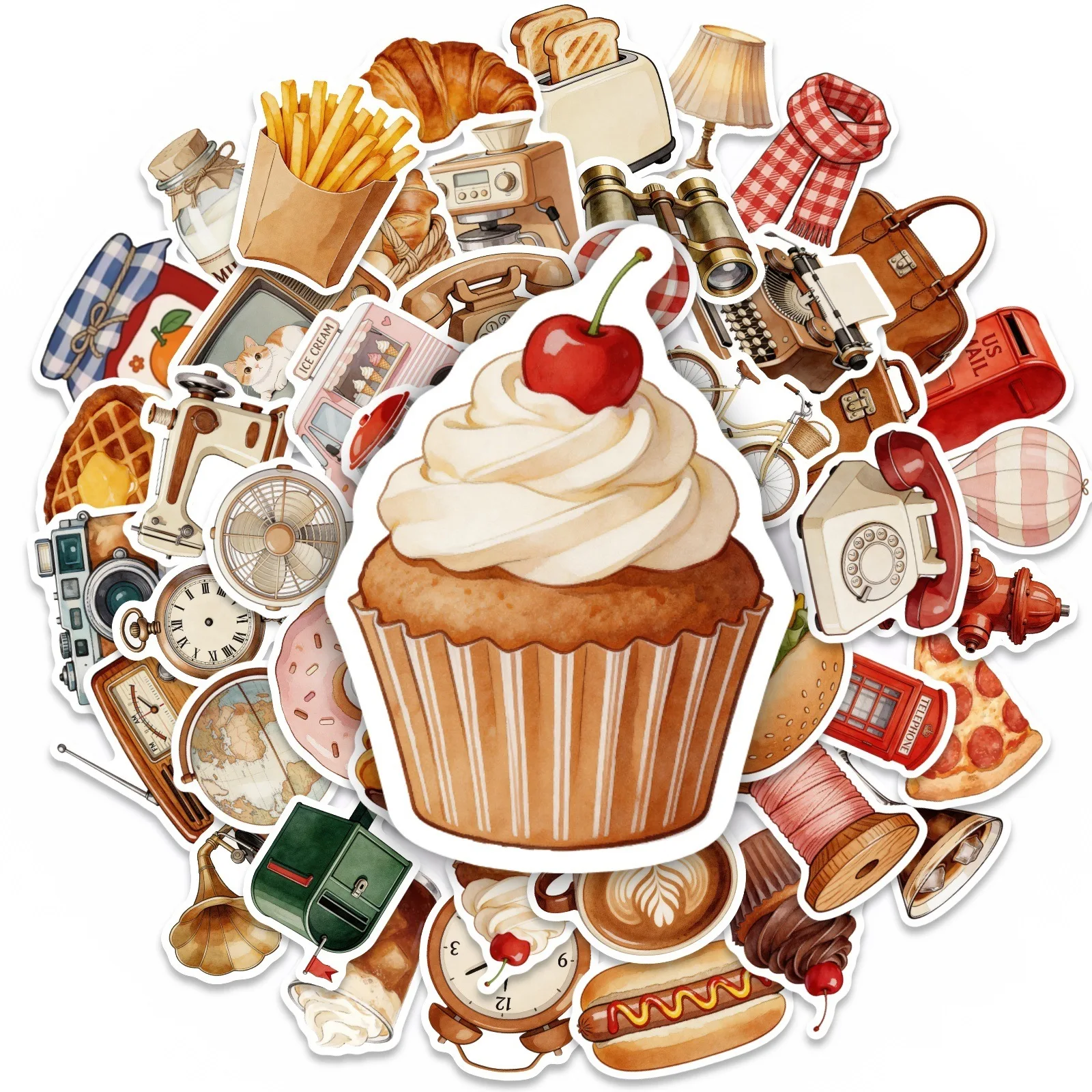 50Pcs 빈티지 일상용품 식품 믹스 스티커 반복 없음 방수 데칼 전화 기타 피아노 보관 상자 냉장고 스크랩북