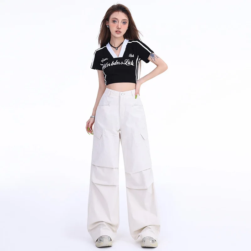 Denim Planet Wide Leg Workwear Pants for Women's Summer New Straight Tube Loose High Waist Slimming Pocket Niche Casual Pants