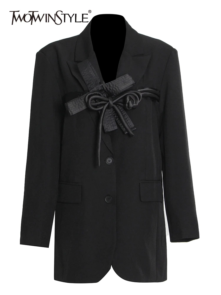 

TWOTWINSTYLE Black Patchwork Bowknot Blazer For Women Notched Collar Long Sleeve Solid Minimalist Blazers Female Spring Clothing