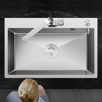 Kitchen Sink ตะกั่ว-ฟรี Austenitic ทำด้วยมือแปรง304สแตนเลส3มม.ความหนาอ่างล้างจานชามเดี่ยว 1