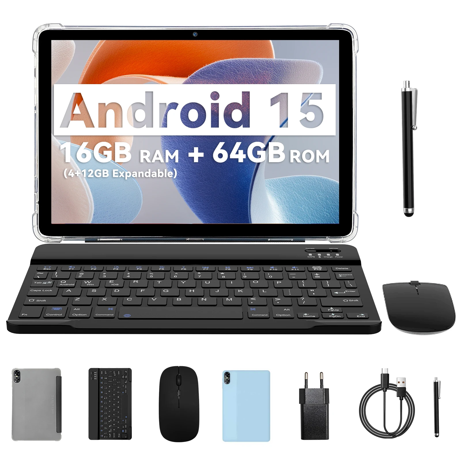 Tablette Android 10,1 pouces avec processeur octa-core, 16 Go (4+12 Go virtuels) de RAM, 64 Go de ROM, écran tactile HD IPS, Wi-Fi 6, BT 5.0, double caméra 1