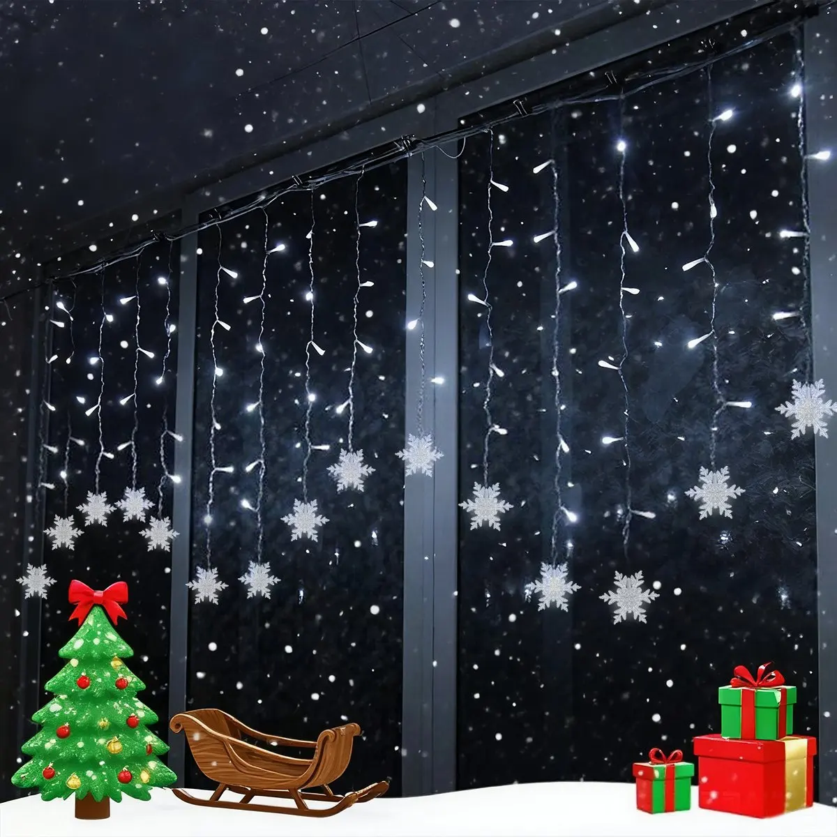 96 LED Snowflake Icicle Fairy Window Curtain Lights Fairy Lights USB Powered Remote Indoor LED Light Christmas Trees Room Decor