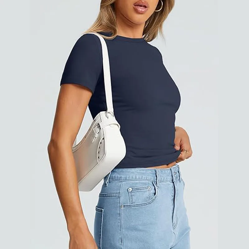2025, neue frauen Slim Fit T-Shirt Sommer Sexy Kurzarm Rundhals Tops Koreanische Mode Basic Tee Casual Engen T-shirt – Detail 11