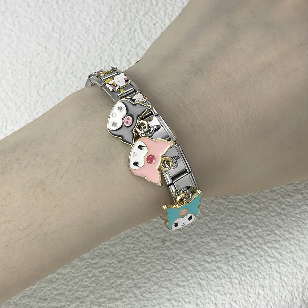 Y2k Colorful Italian Charm Links Bracelet  Cute Kawai Cat Hand Chain Cute Pendant Hello Kitty Kuromi hellokitty