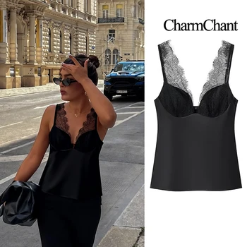 CharmChant Black Satin Lace V-Neck Camisole Top for Women Cropped Y2k Harajuku Fashion Elegant Sleeveless Shirt Blouse Female