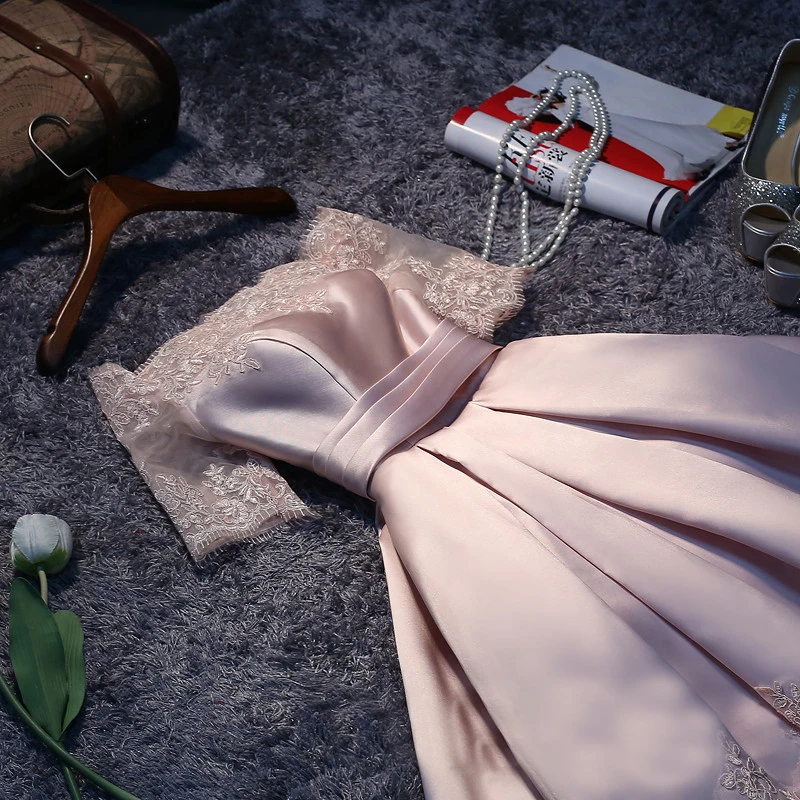 Satin Pearl Pink A-Line Cocktail Dresses Off The Shoulder Half Sleeves Lace Applique Short Women Formal Party Prom