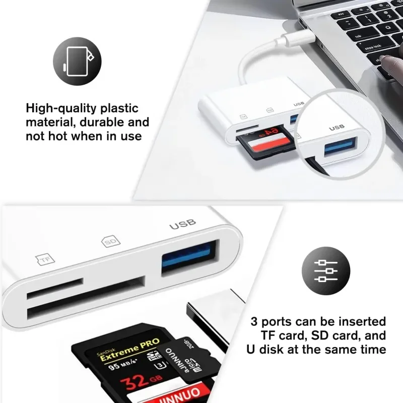 3 In 1 SD TF Card Reader For Apple iPhone 14 12 13 11 Pro Max XR XS USB C Camera Converter For iPad Android  Laptop OTG Adapter 4