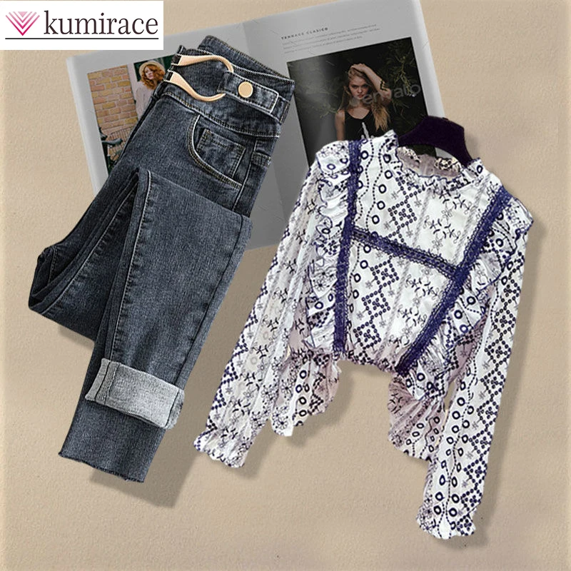 Oversize Women's Wear Autumn 2022 New Fashion Versatile Elegant Women's Ruffle Lace Long Sleeve Shirt Denim Two Piece Set women winter denim hooded coat vintage loose plus velvet snow jean jackets fleece liner padded outwear oversize warm veste femme