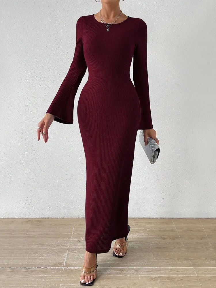 

Solid Color Knitted Bodycon Dresses Women Autumn Winter New Flared Sleeve Backless Leace-Up Slim Knitwear Dress Elegant Vestidos