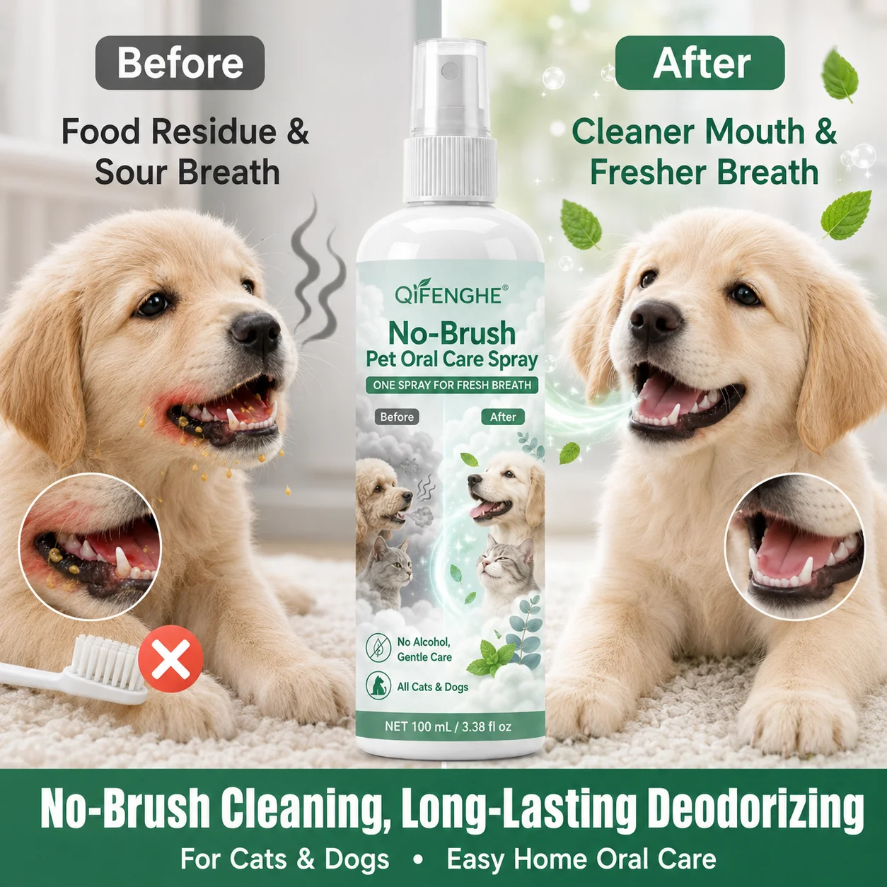 No-Brush Pet Dental Spray for Fresh Breath, Alcohol-Free Plant-Based Formula, Safe Daily Oral Care.