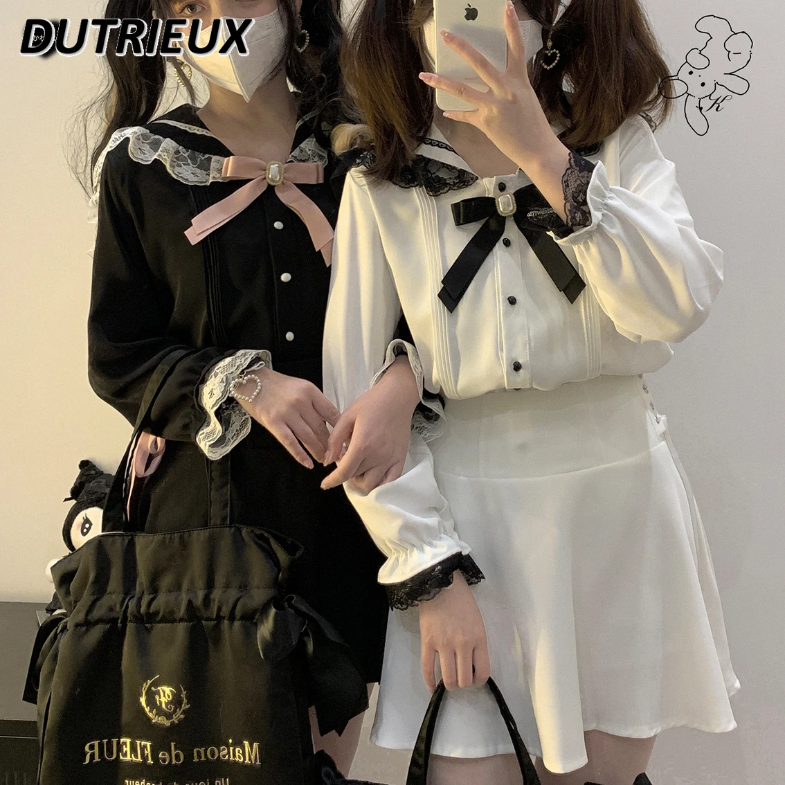 

Mine Series Mass Production Sailor Collar Lace Edge Long-Sleeve Shirt Women Japanese Kawaii Sweet Black White Top Autumn Blusas