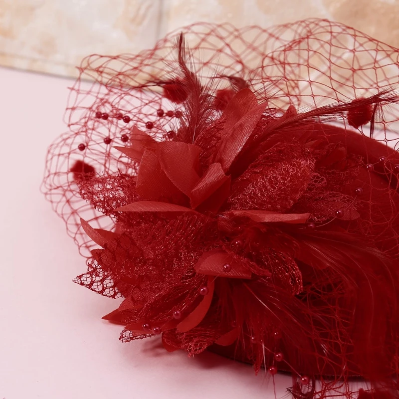 4XBE Fascinators Hats Solid Color Feather Flower Pillbox Hat Cocktail Tea Party Headwear with Veil for Girls and Women
