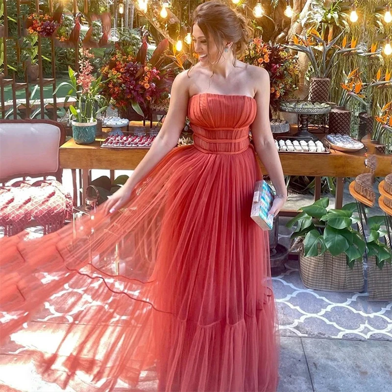 

2023 Dark Orange Sexy Strapless Tulle Long Prom Dresses فساتين السهرة Pleats Tiered Arabia Evening Party Gown robes de soirée