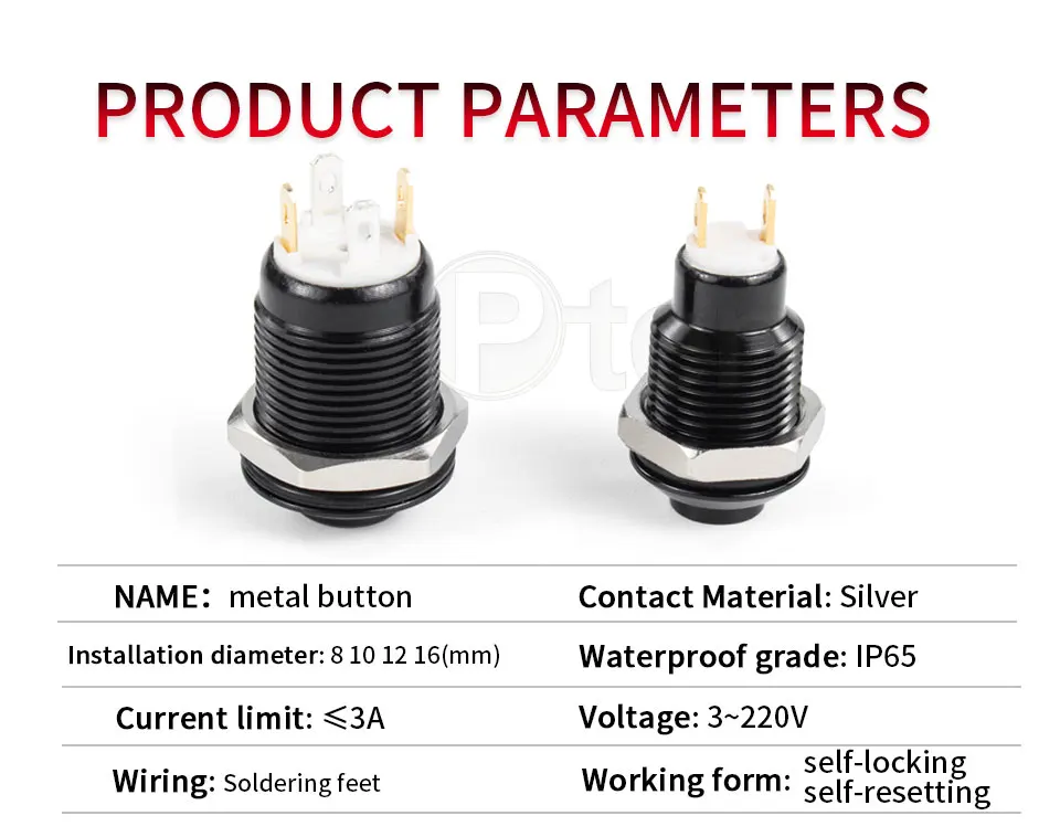 Description Picture 4 of item1NO High head small Waterproof Metal Push Button Switch LED Light Self-locking/reset 3/6/12/24/220V  8/10/12/16mm Oxidized black