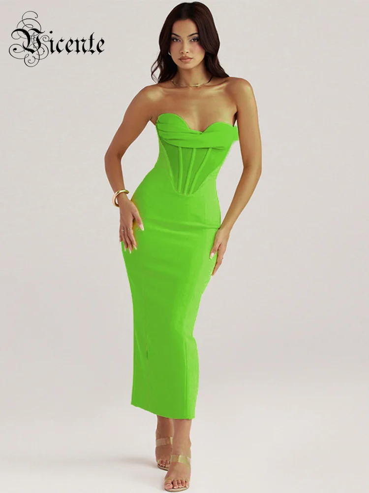 

VC Women'S Dress Strapless Sleeveless Design Bodycon Celebrity Party Green Bandage Back Split Midi Dresses