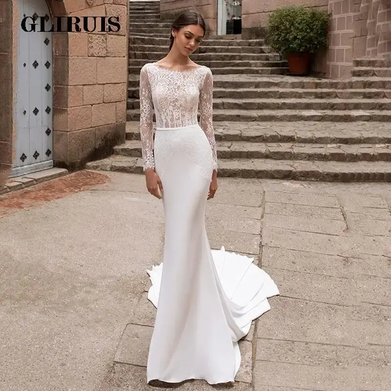 

2022 Sexy Long Sleeve Mermaid Wedding Dresses With Long Train Lace Appliques Backless High Neck Satin For Women Robe de Mariage