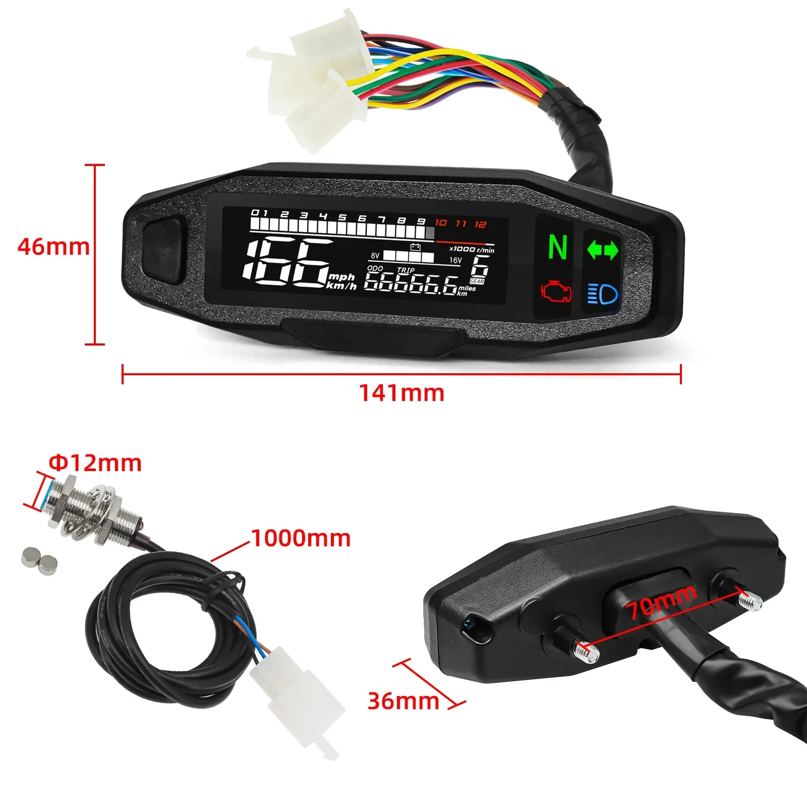 Motorcycle Speedometer Digital Dashboard 12000 RPM Tachometer Speedometer with ODO/TRIP & Turn Signal Indicator Universal LCD Panel
