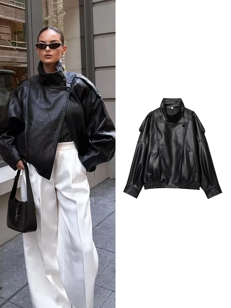  2025 Fall New Women PU Jacket Black Long Sleeve Oversize Faux Leather Zipper Jacket Motorcycle Style Personality Fashion Lady