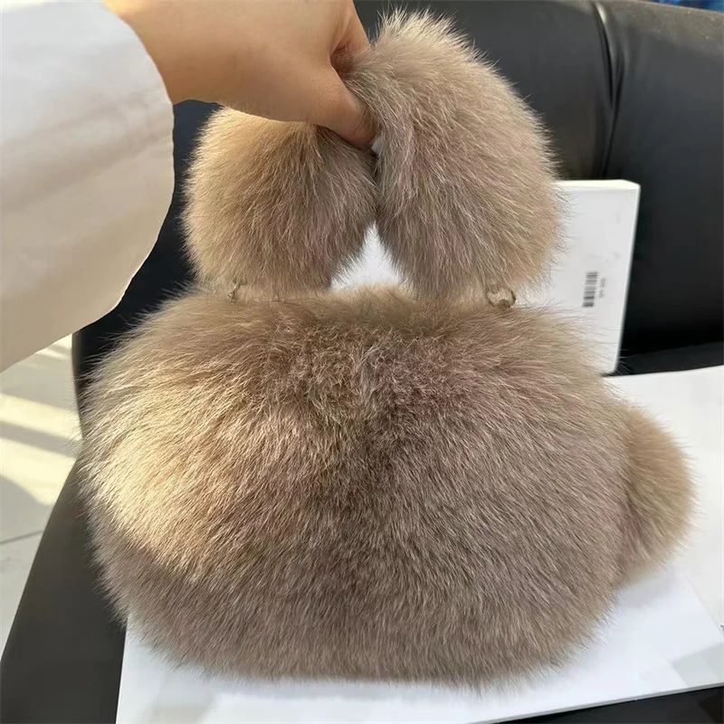 Temperament Women\'s Winter Fur Tote Luxury Fox Fur Fashion Small Square Bag Large Capacity Plush Shoulder Bag