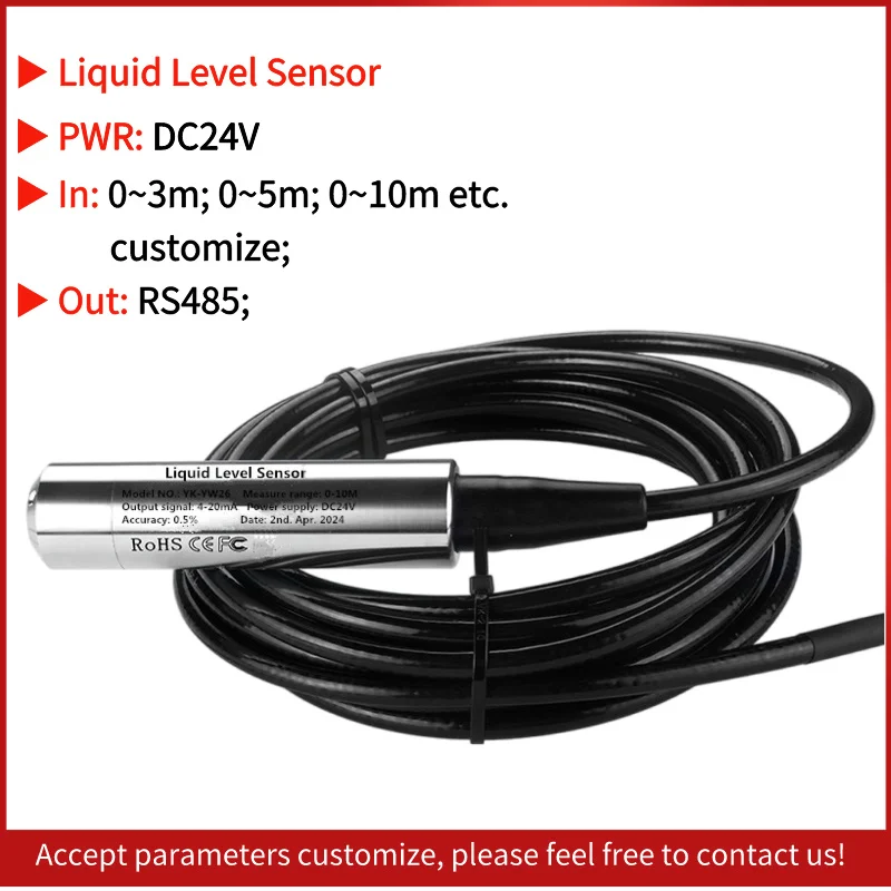 

RS485 Output Submersible Level Sensor 0-10m Cable Range DC24V Hydrostatic Water Fuel Oil Level Liquid Transmitter Gauge