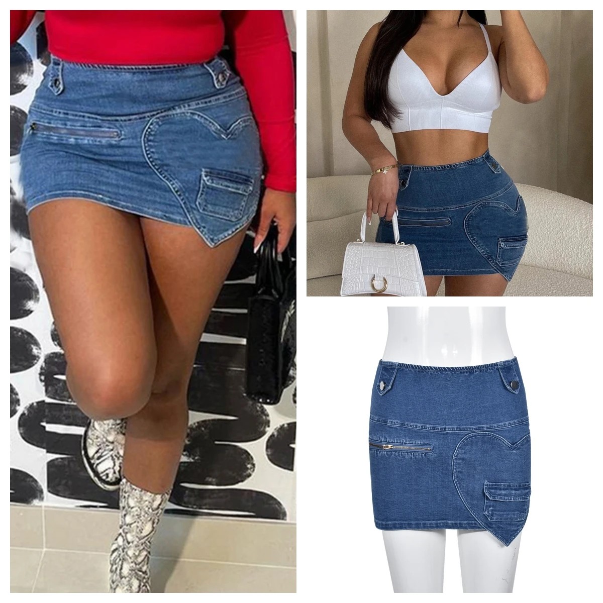 

Women Fashion Sweetheart Pocket Jeans Skirt Splicing Zipper Fly Back Bodycon Mini Denim Skirt 2023 Streetwear INS Skirts Jeans