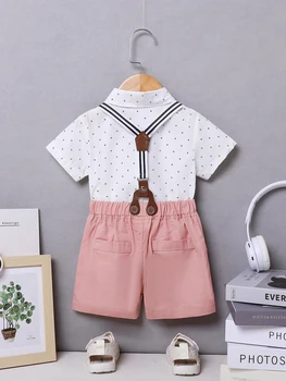 Toddler Baby Boy Clothes 1-5T Boy Gentleman Suit Short Sleeves Shirt +Suspender Pants +Bowtie Toddler Dress Boy Outfit 4
